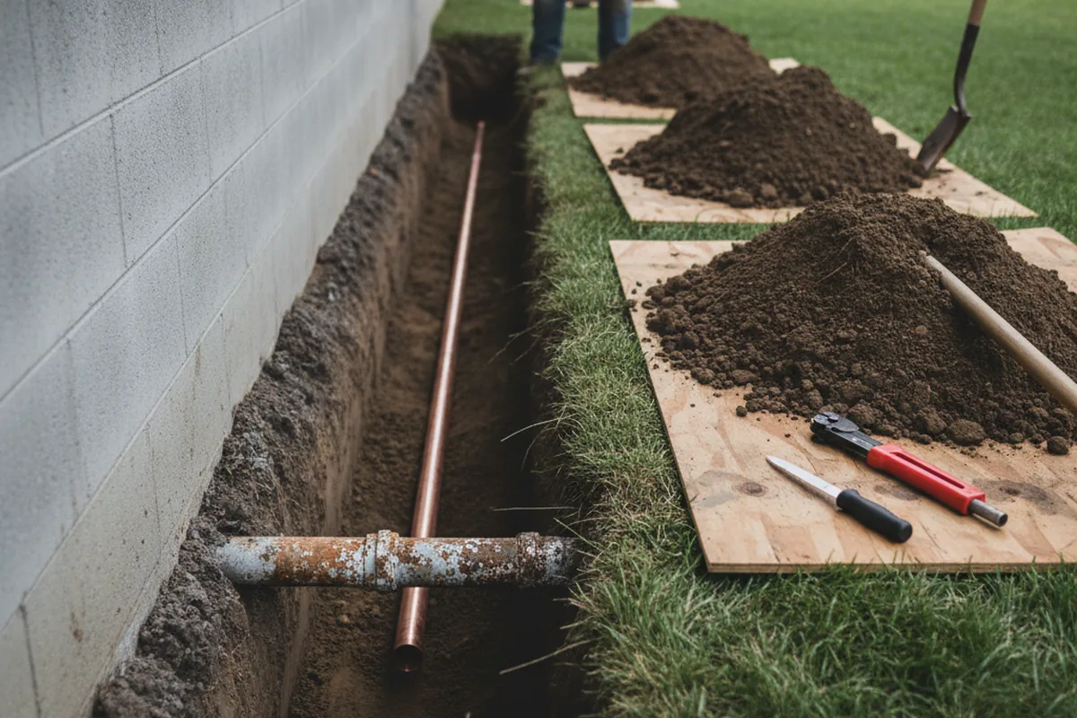 Excavated water line trench during Water Softener Installation in Young Harris